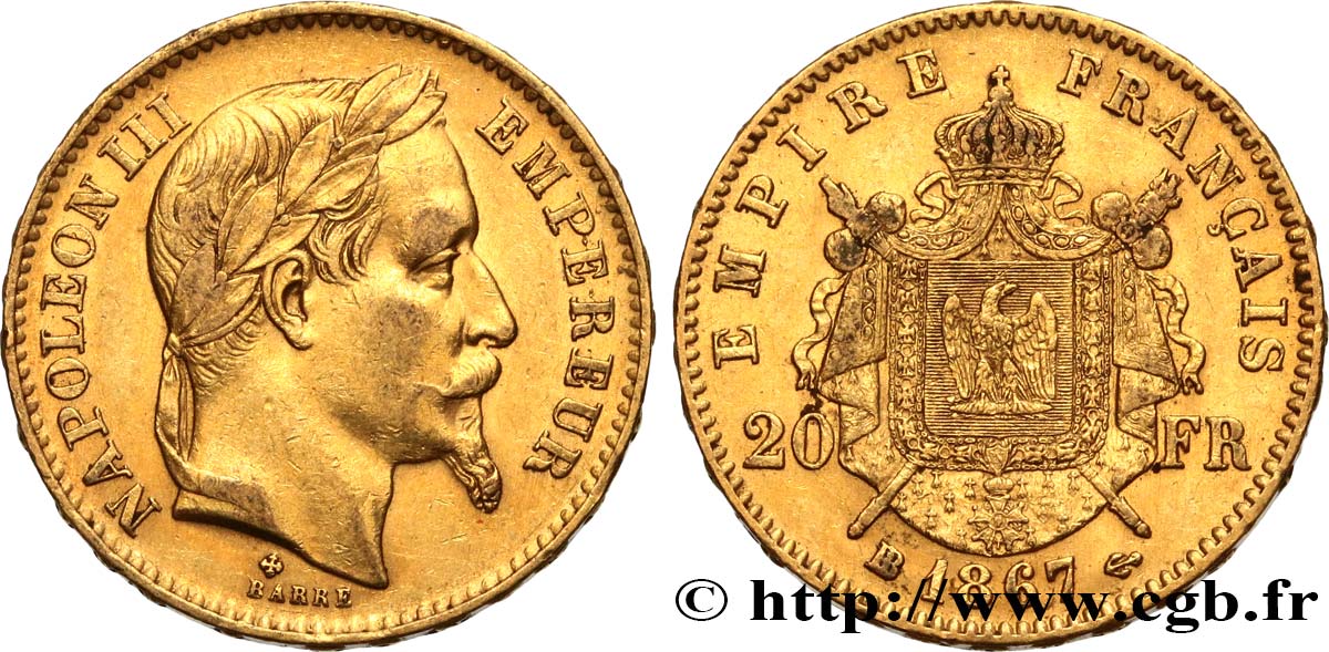 20 francs or Napoléon III, tête laurée 1867 Strasbourg F.532/17 SS48 