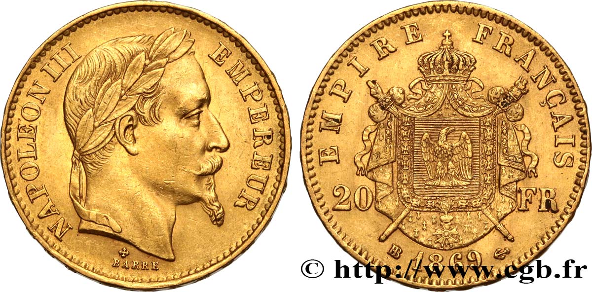 20 francs or Napoléon III, tête laurée, petit BB 1869 Strasbourg F.532/21 AU53 