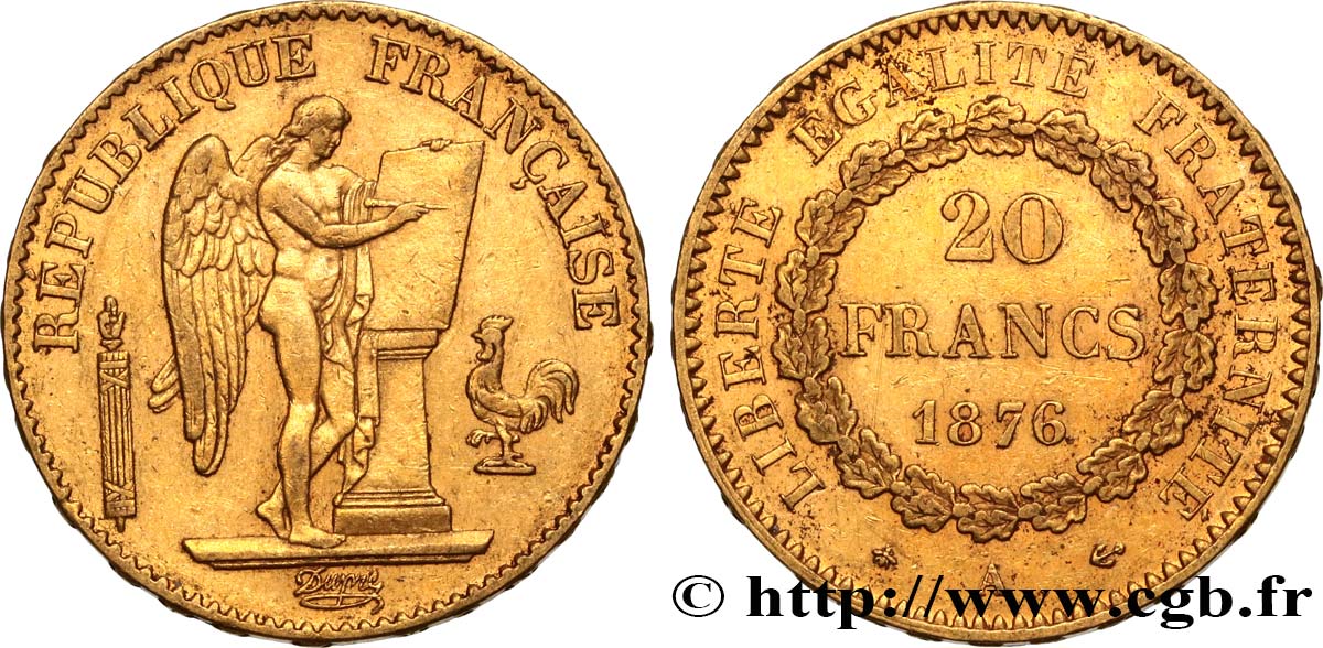 20 francs or Génie, IIIe République 1876 Paris F.533/4 MBC48 