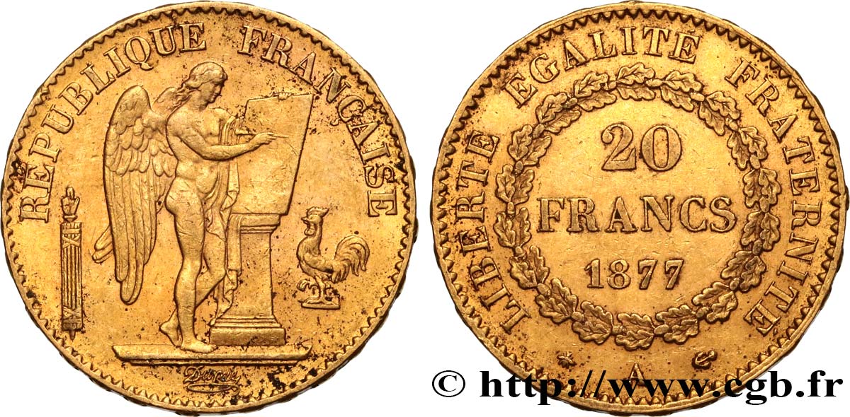 20 francs or Génie, Troisième République 1877 Paris F.533/5 BB50 