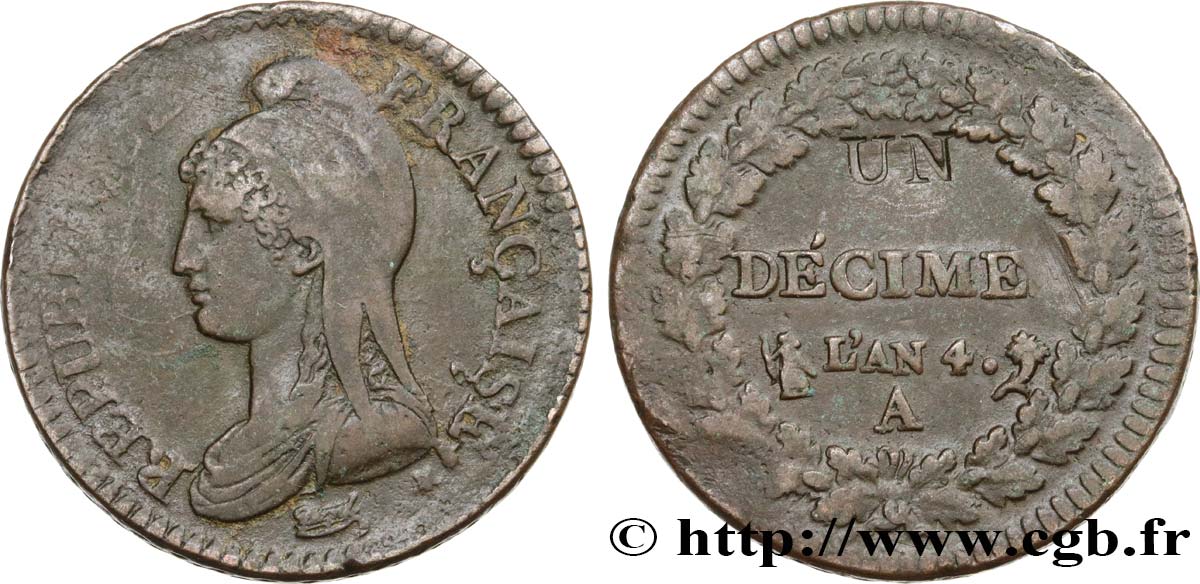 Un décime Dupré, modification du 2 décimes 1796 Paris F.127/1 BB40 