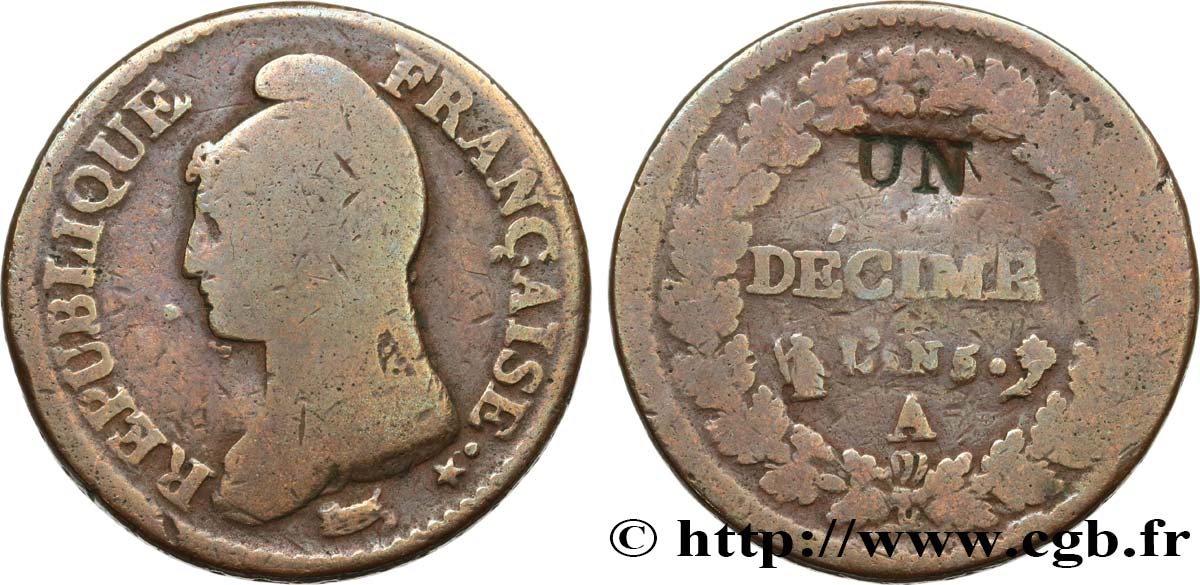 Un décime Dupré, modification du 2 décimes 1797 Paris F.127/5 B8 
