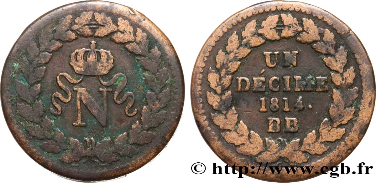 Un décime à l’N couronnée 1814 Strasbourg F.131/4 TB20 