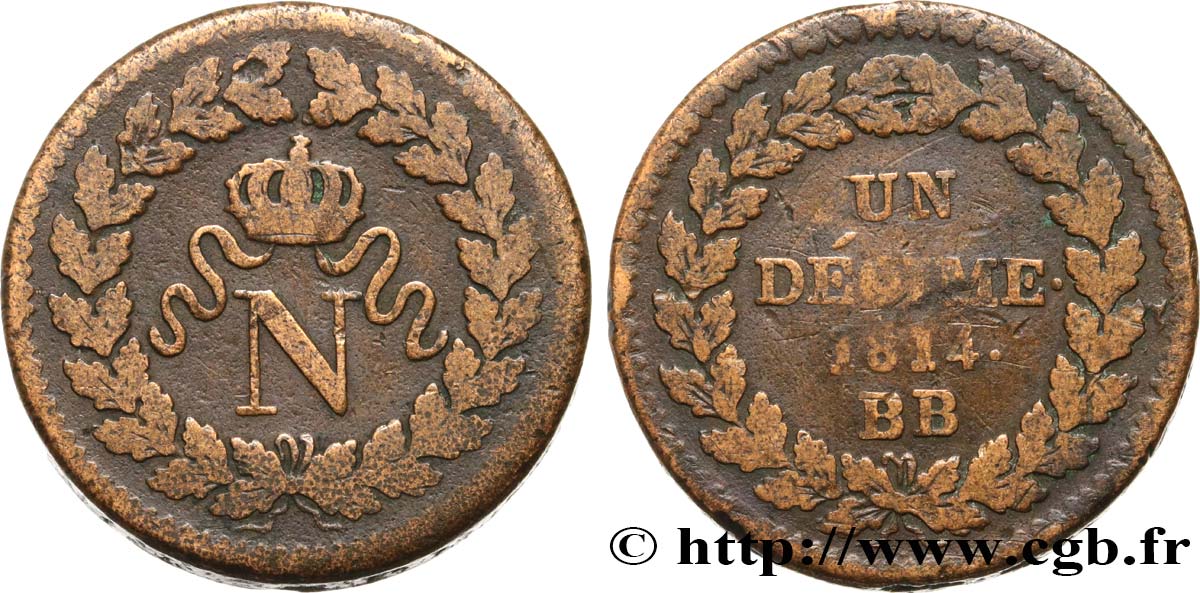 Un décime à l’N couronnée 1814 Strasbourg F.131/3 TB15 