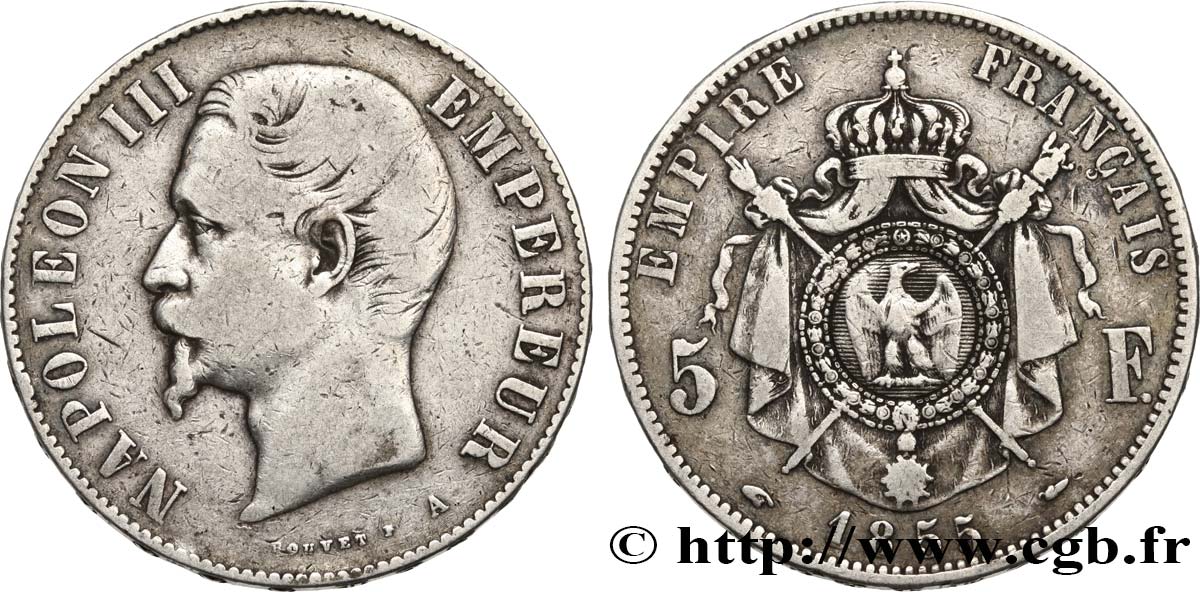 5 francs Napoléon III, tête nue, main-chien 1855 Paris F.330/2 VF20 