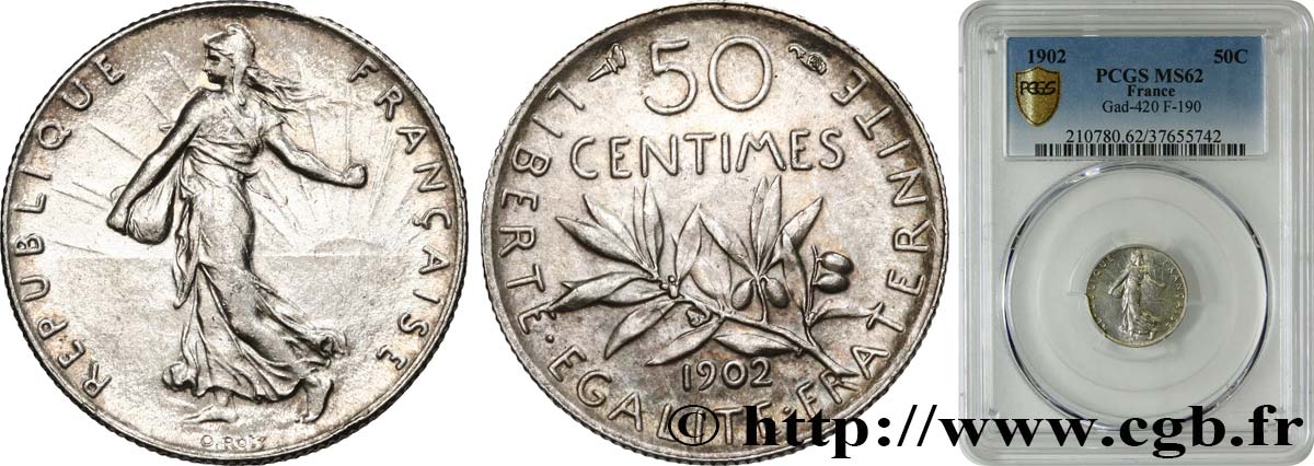 50 centimes Semeuse 1902 Paris F.190/9 SUP62 PCGS