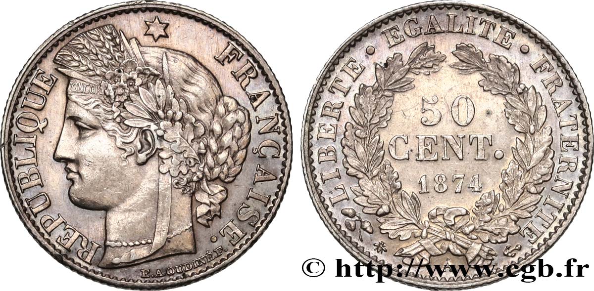 50 centimes Cérès, IIIe République 1874 Paris F.189/7 SUP58 