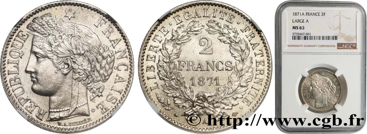 2 francs Cérès, avec légende 1871 Paris F.265/3 MS65 NGC