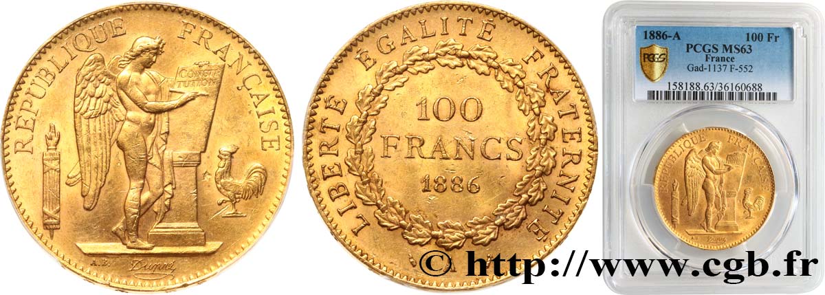 100 francs or Génie, tranche inscrite en relief Dieu protège la France 1886 Paris F.552/7 SC63 PCGS