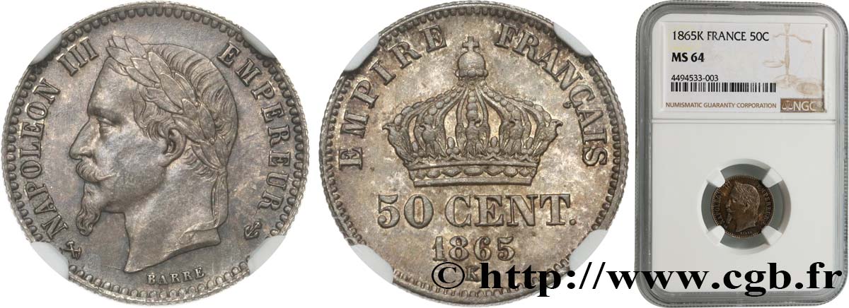 50 centimes Napoléon III, tête laurée 1865 Bordeaux F.188/8 SC64 NGC