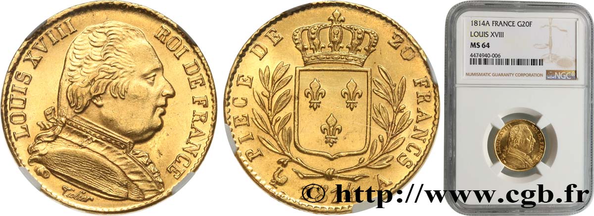 20 francs or Louis XVIII, buste habillé 1814 Paris F.517/2 fST64 NGC
