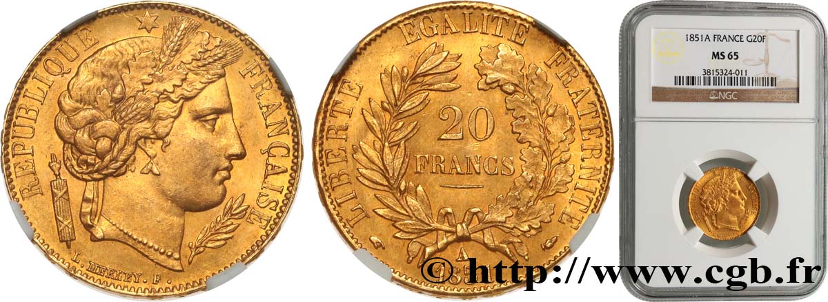 20 francs or Cérès 1851 Paris F.529/4 FDC65 NGC