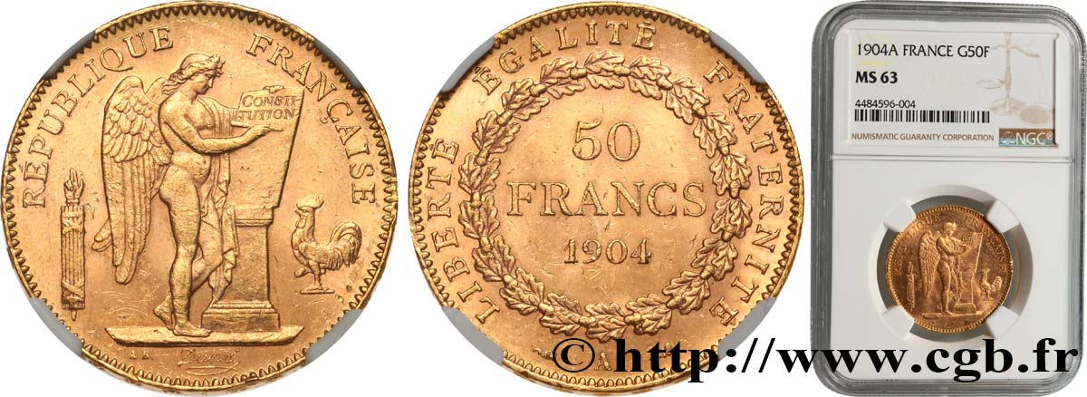 50 francs or Génie 1904 Paris F.549/6 MS63 NGC