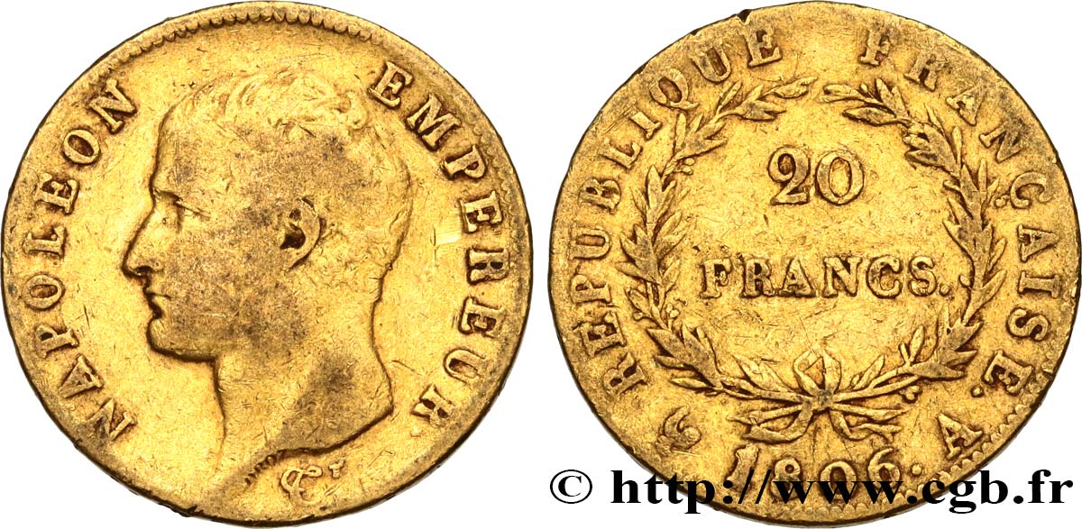 20 francs or Napoléon tête nue, Calendrier grégorien 1806 Paris F.513/1 VF30 
