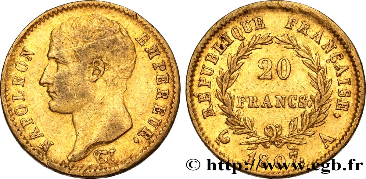 20 francs or Napoléon tête nue, type transitoire 1807 Paris F.514/1 TTB45 