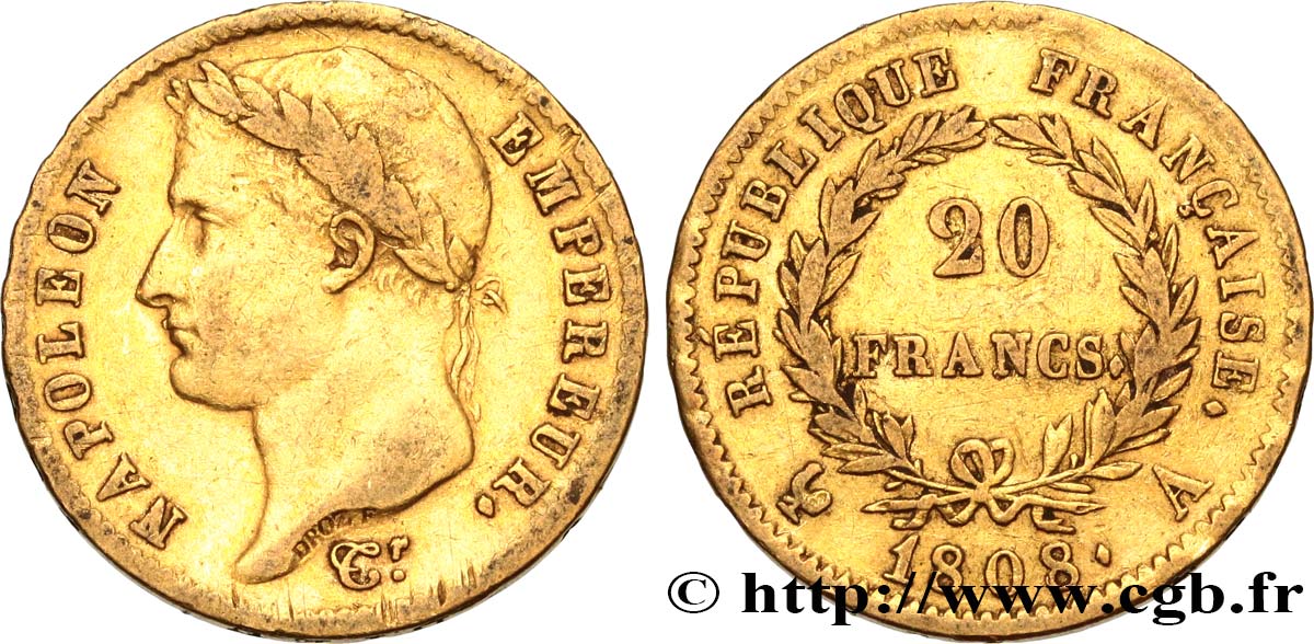 20 francs or Napoléon tête laurée, République française 1808 Paris F.515/2 S35 