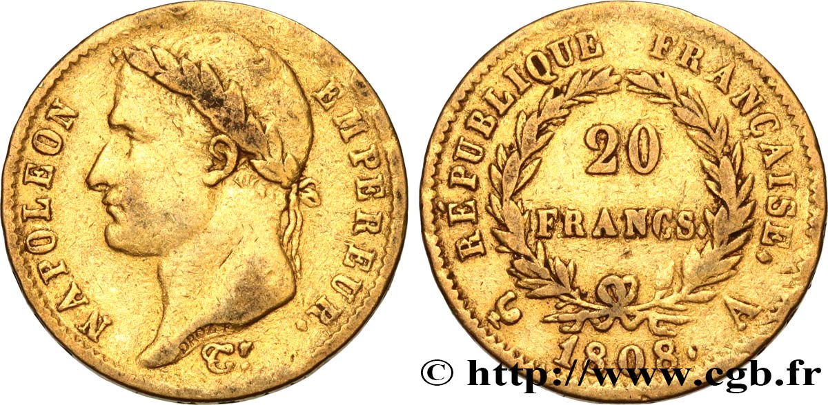 20 francs or Napoléon tête laurée, République française 1808 Paris F.515/2 VF35 