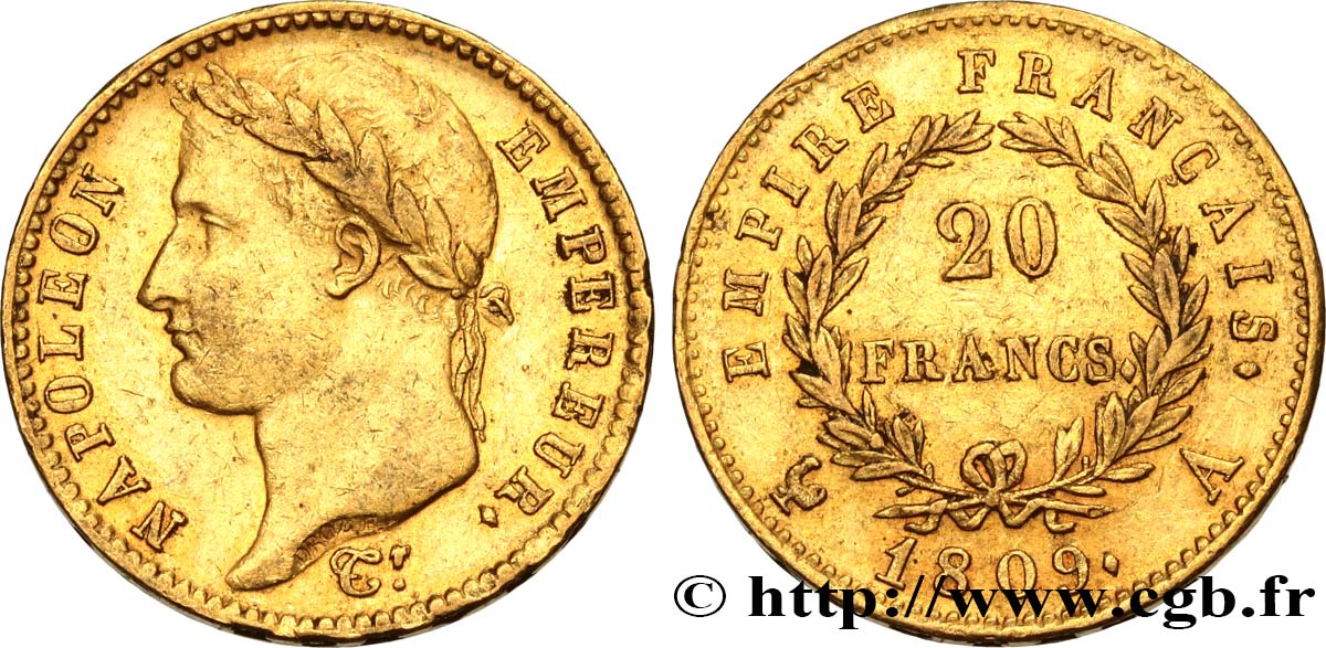 20 francs or Napoléon tête laurée, Empire français 1809 Paris F.516/1 TTB48 