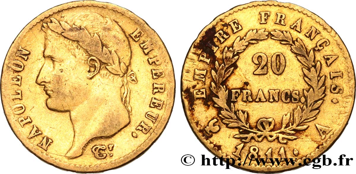 20 francs or Napoléon, tête laurée, Empire français 1811 Paris F.516/16 S 