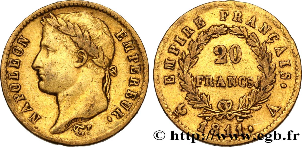 20 francs or Napoléon, tête laurée, Empire français 1811 Paris F.516/16 TB35 