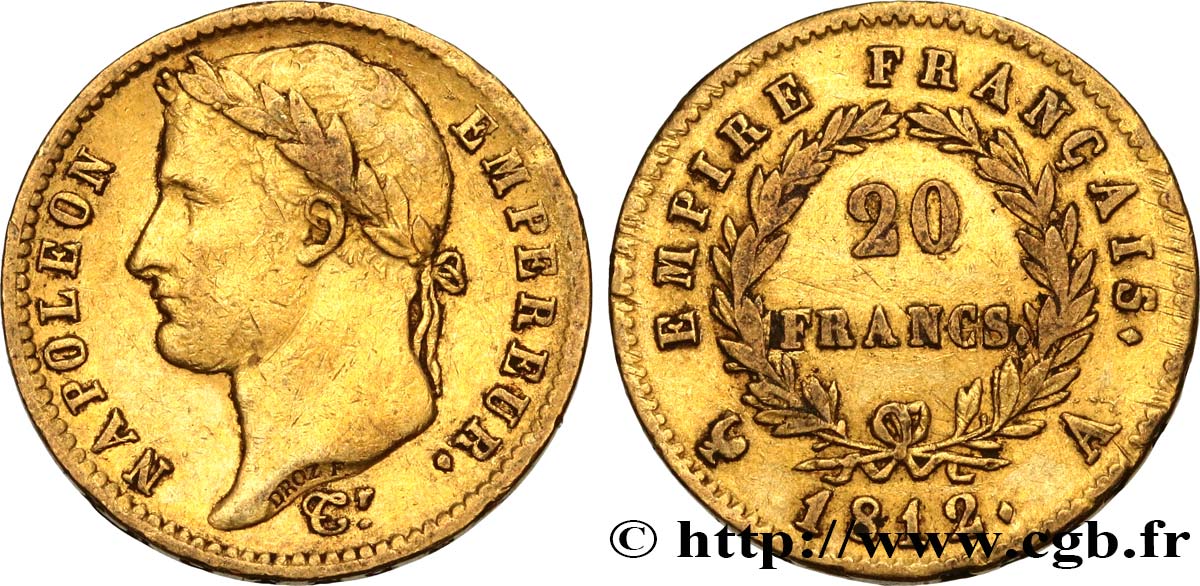 20 francs or Napoléon tête laurée, Empire français 1812 Paris F.516/22 MBC40 