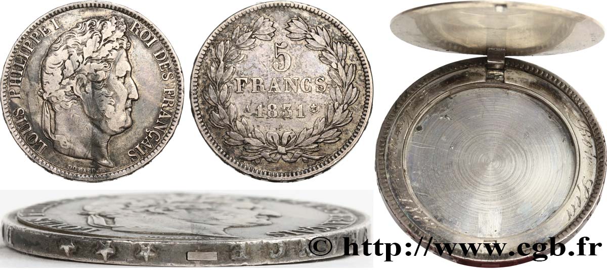 5 francs Ier type Domard, tranche en relief, transformée en boîte 1831 Paris F.320/1 var. VF35 