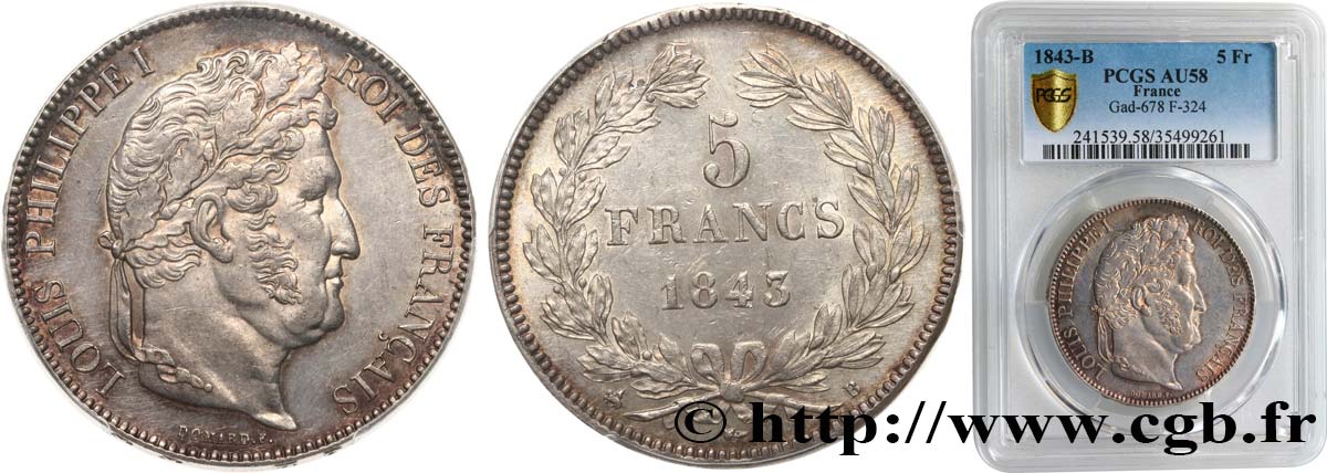 5 francs IIe type Domard 1843 Rouen F.324/101 AU58 PCGS