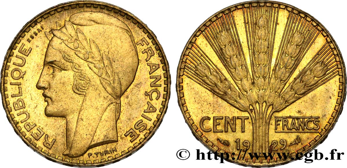 Concours de 100 francs or, essai de Turin en bronze-aluminium 1929 Paris GEM.283 4 MS63 