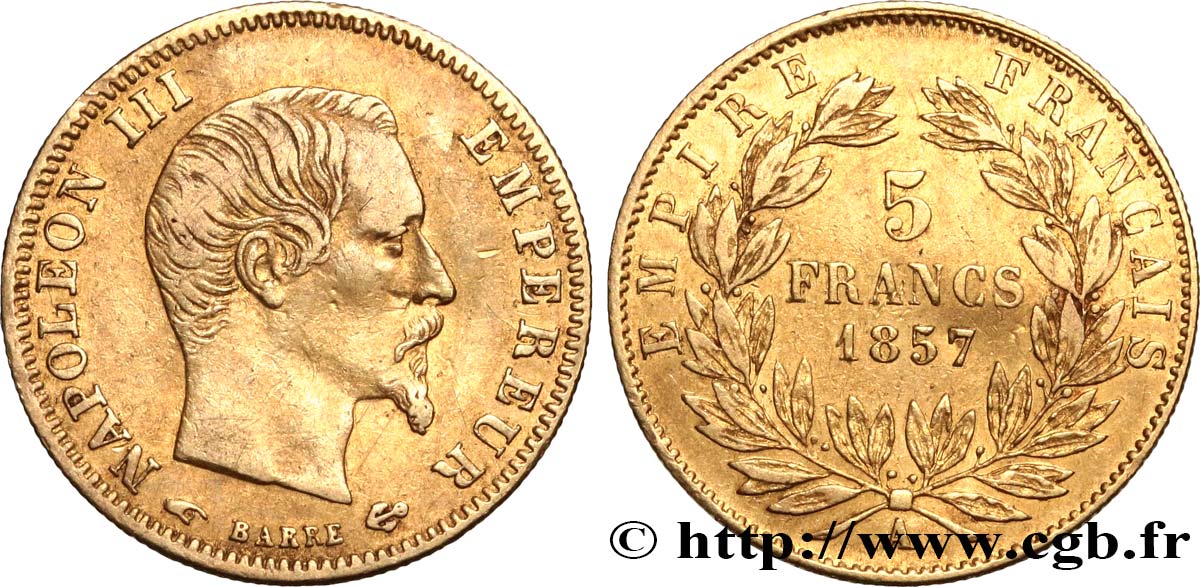 5 francs or Napoléon III, tête nue, grand module 1857 Paris F.501/4 XF42 
