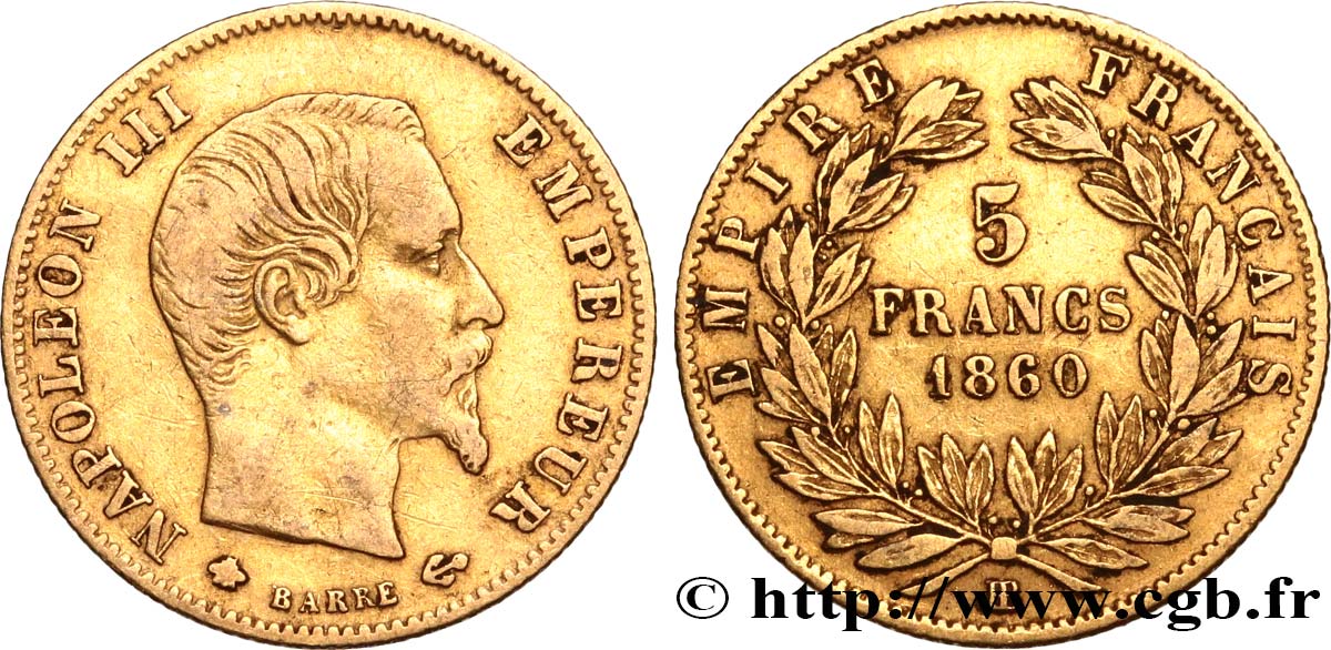 5 francs or Napoléon III, tête nue, grand module 1860 Strasbourg F.501/13 MB38 