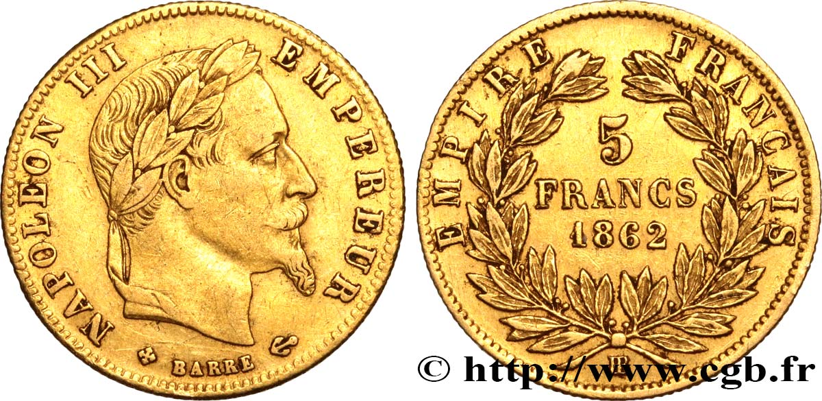 5 francs or Napoléon III, tête laurée 1862 Strasbourg F.502/2 MBC40 