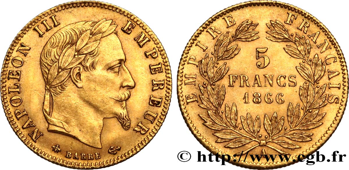 5 francs or Napoléon III, tête laurée 1866 Paris F.502/9 SUP 