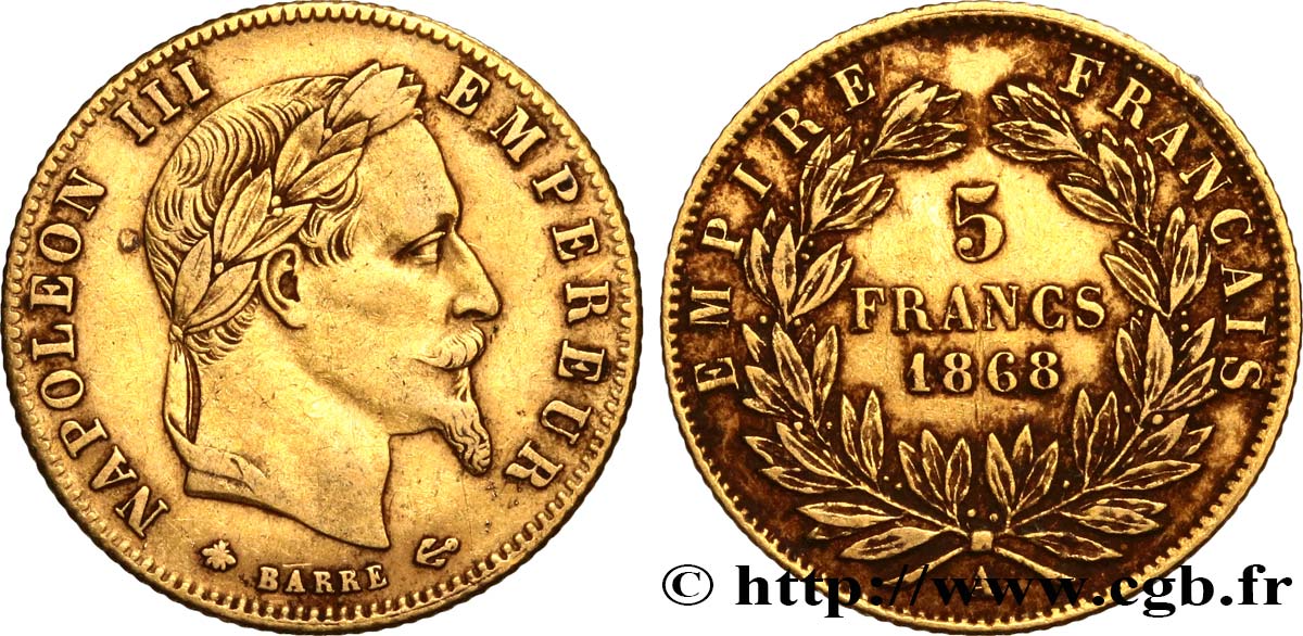 5 francs or Napoléon III, tête laurée 1868 Paris F.502/13 TB+ 