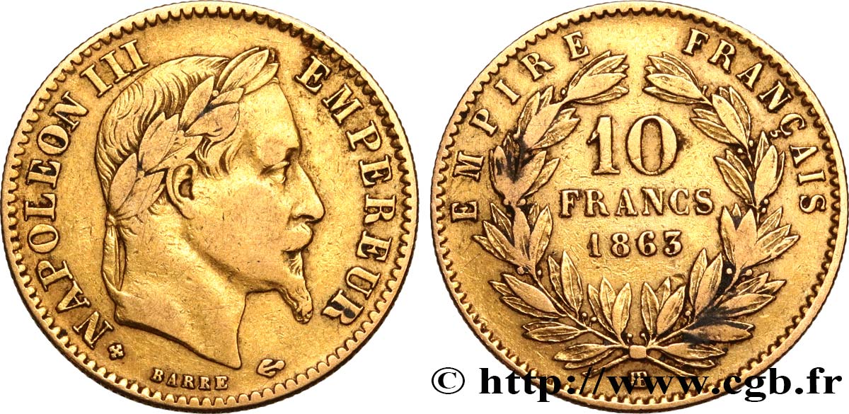 10 francs or Napoléon III, tête laurée, type définitif à grand 10 1863 Strasbourg F.507A/4 TB25 