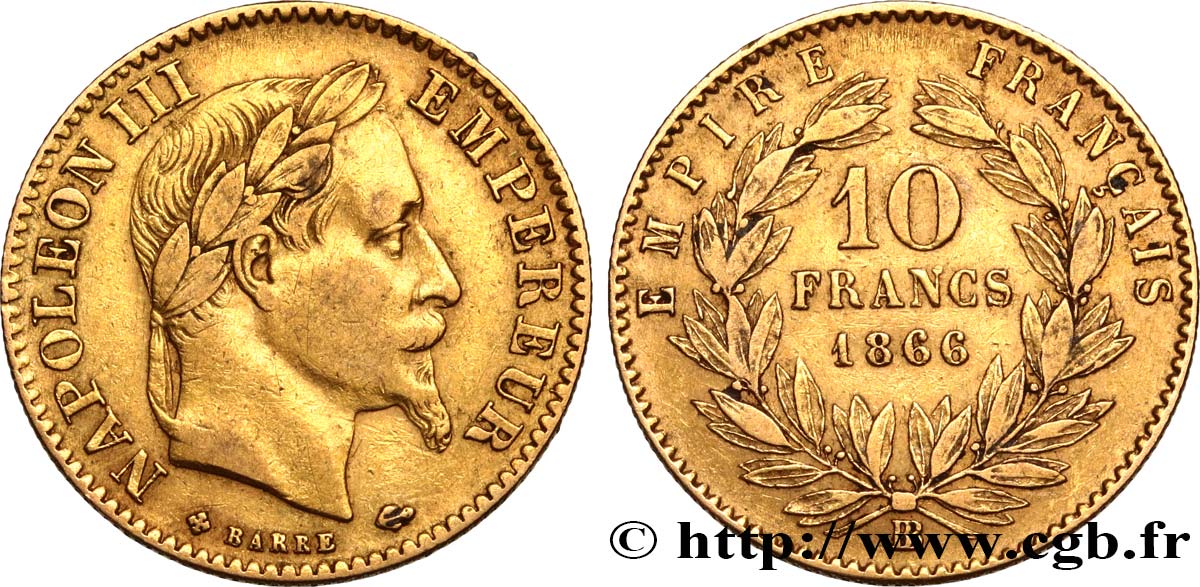 10 francs or Napoléon III, tête laurée 1866 Strasbourg F.507A/14 MB35 