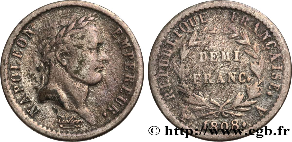 Demi-franc Napoléon Ier tête laurée, République française 1808 Paris F.177/2 B+ 