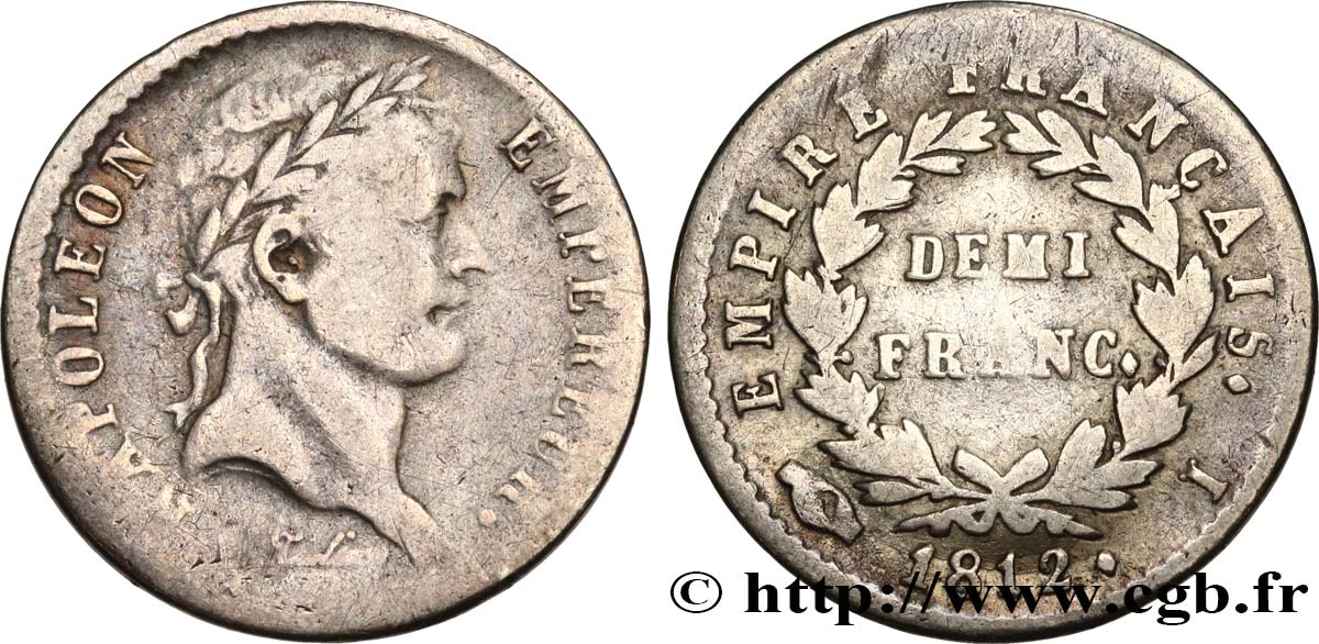 Demi-franc Napoléon Ier tête laurée, Empire français 1812 Limoges F.178/39 TB15 