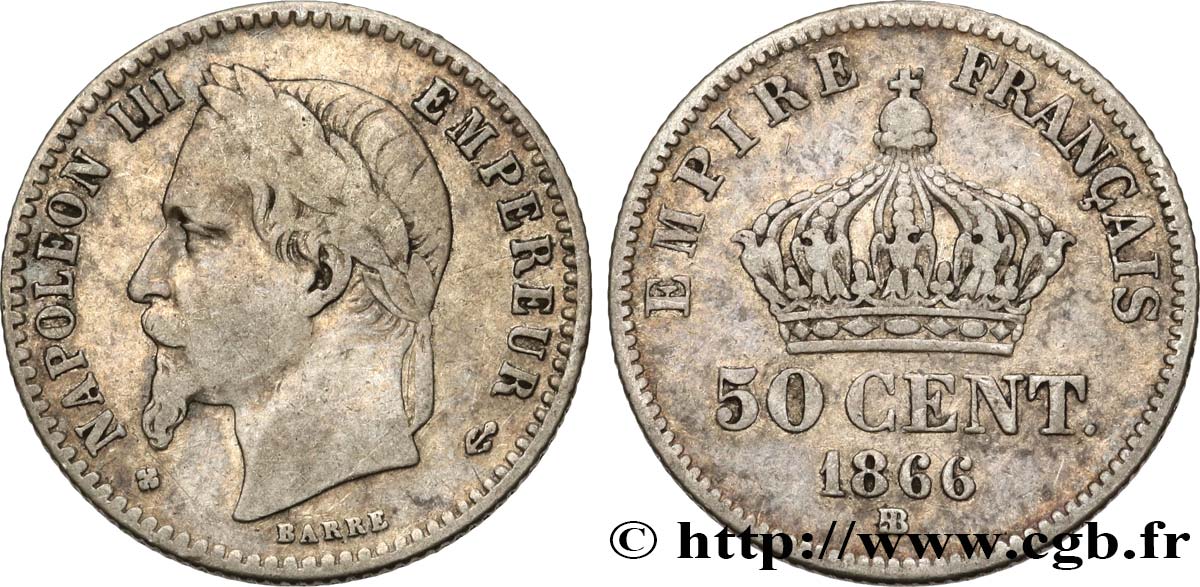 50 centimes Napoléon III, tête laurée 1866 Strasbourg F.188/10 TB25 