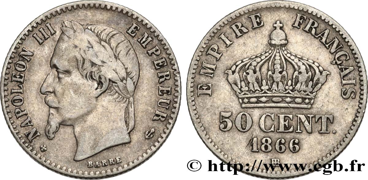 50 centimes Napoléon III, tête laurée 1866 Strasbourg F.188/10 VF35 