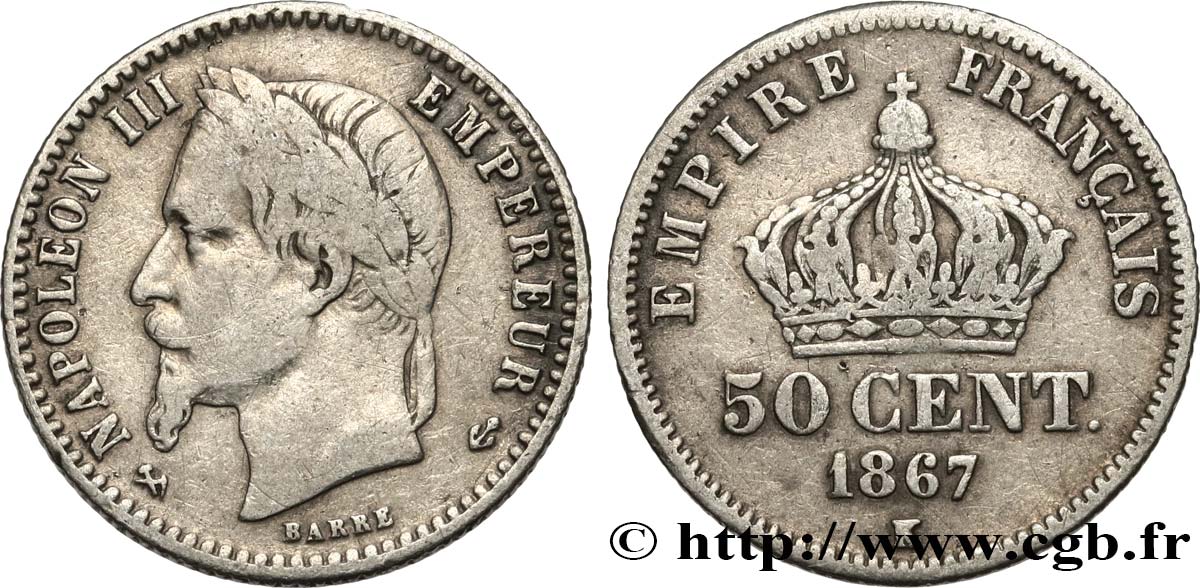 50 centimes Napoléon III, tête laurée 1867 Bordeaux F.188/18 VF 