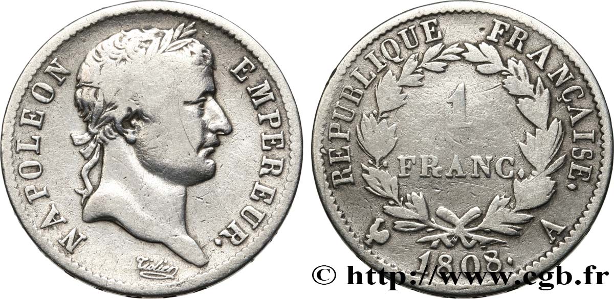 1 franc Napoléon Ier tête laurée, République française 1808 Paris F.204/2 RC+ 