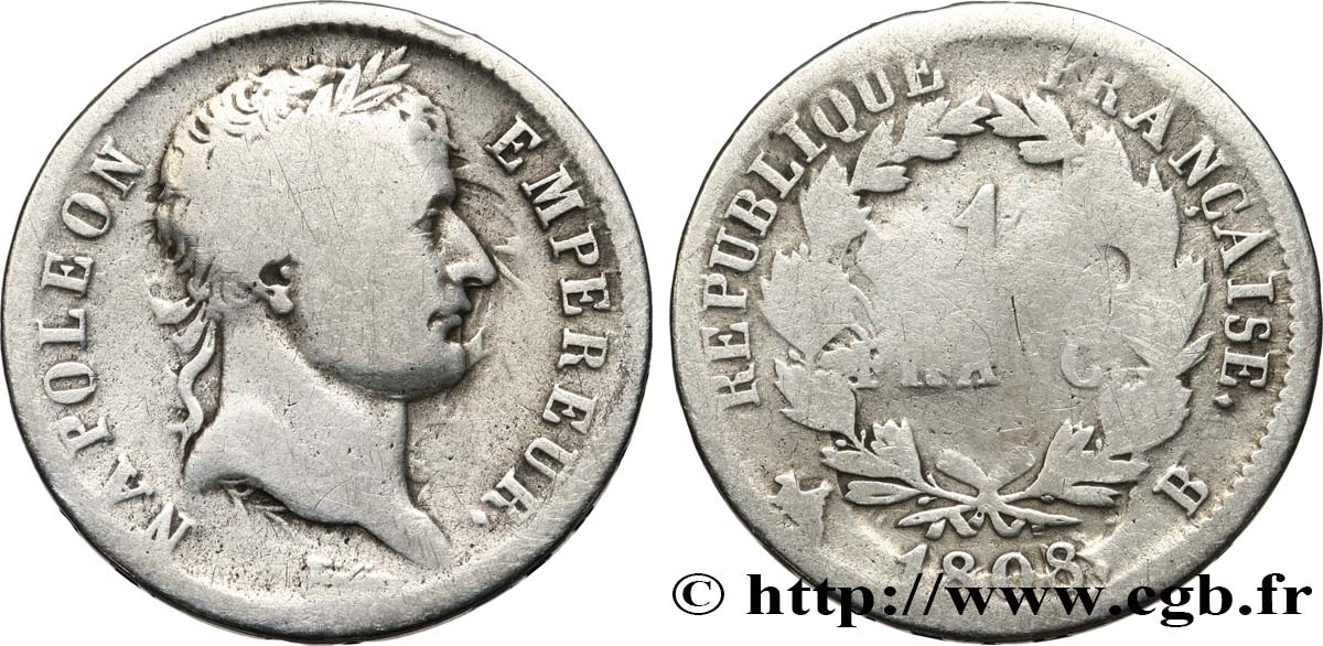 1 franc Napoléon Ier tête laurée, République française 1808 Rouen F.204/3 RC 