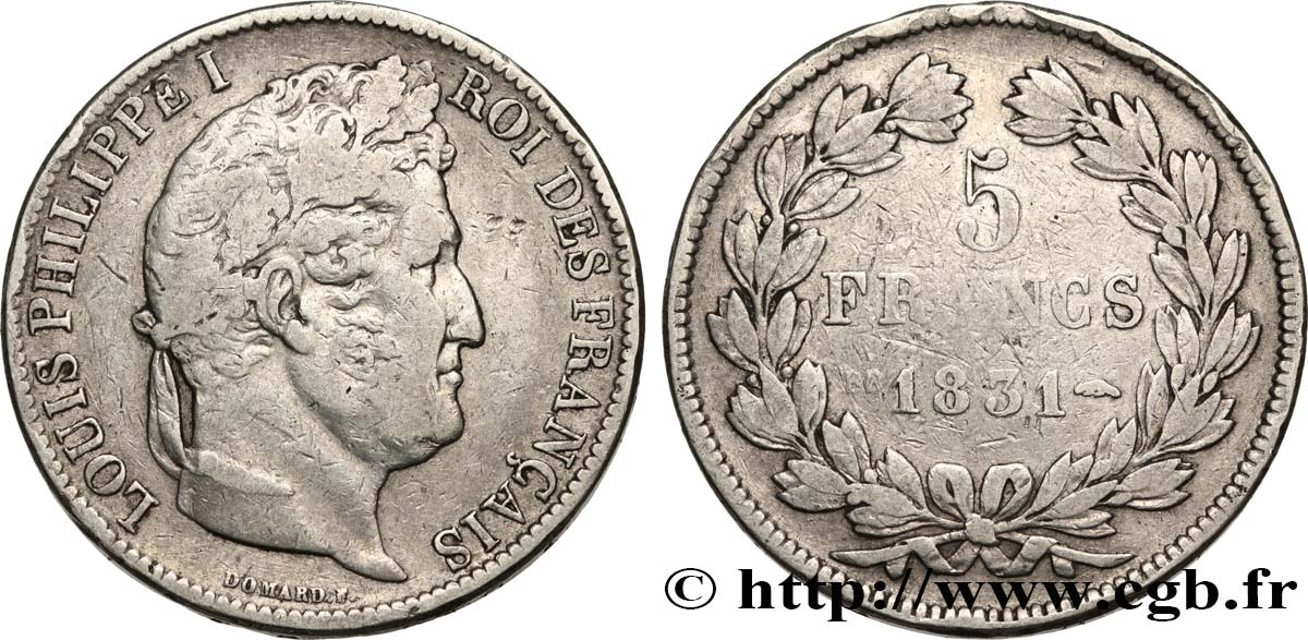 5 francs Ier type Domard, tranche en creux 1831 Strasbourg F.319/1 MB15 