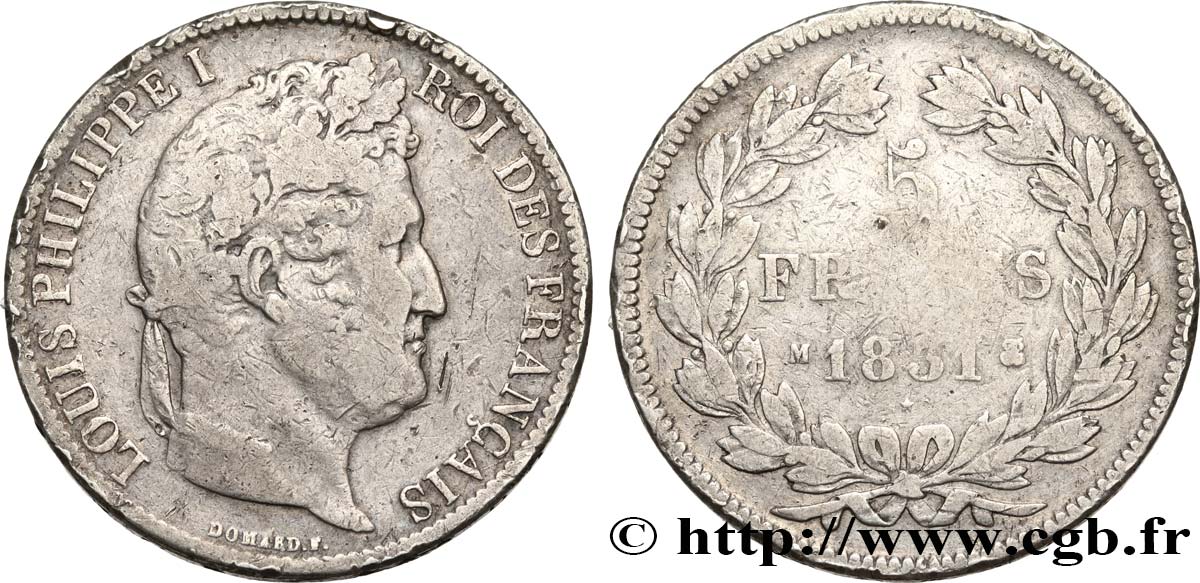 5 francs Ier type Domard, tranche en creux 1831 Toulouse F.319/5 BC15 