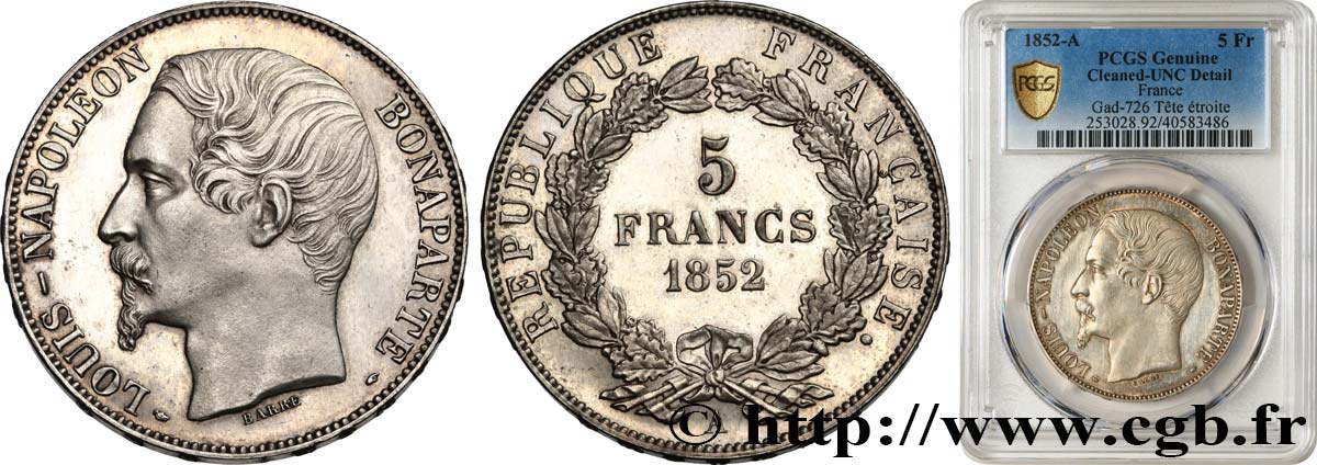 5 francs Louis-Napoléon, 2ème type 1852 Paris F.329/2 VZ+ PCGS