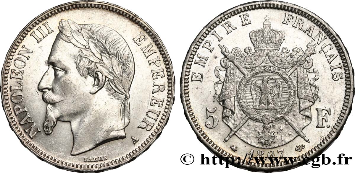 5 francs Napoléon III, tête laurée 1867 Paris F.331/10 AU55 