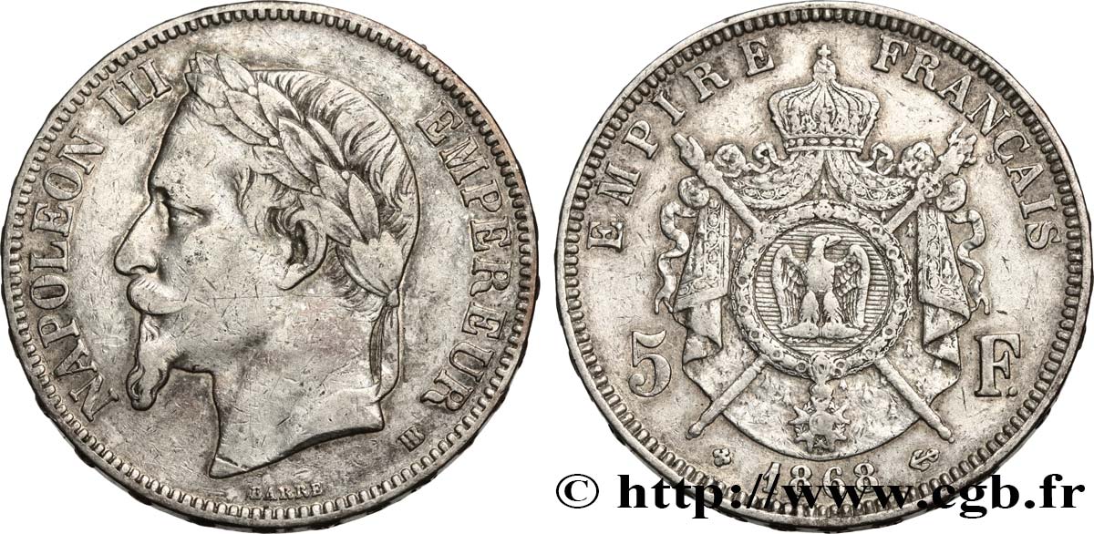 5 francs Napoléon III, tête laurée 1868 Strasbourg F.331/13 TB25 