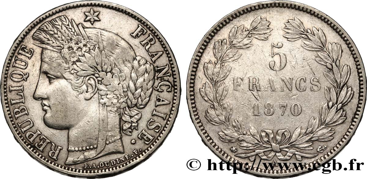 5 francs Cérès, sans légende 1870 Paris F.332/1 VF35 