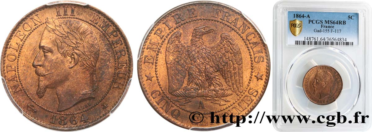 Cinq centimes Napoléon III, tête laurée 1864 Paris F.117/13 SC64 PCGS