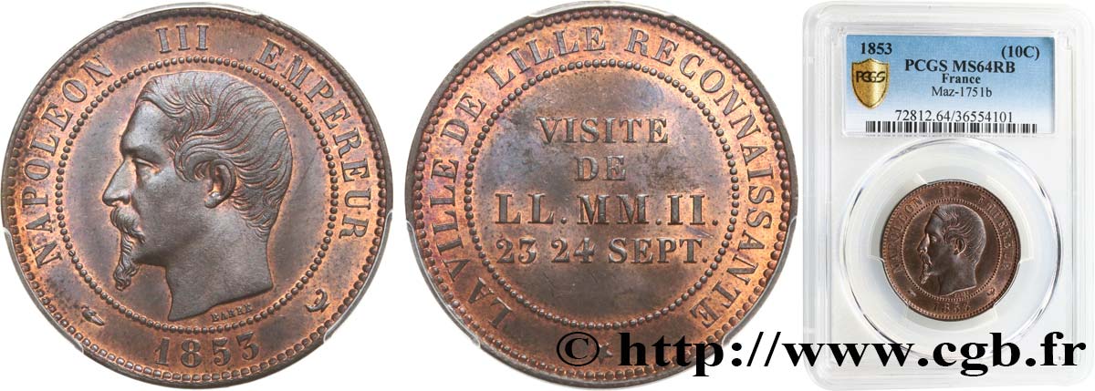 Module de dix centimes, Visite impériale à Lille les 23 et 24 septembre 1853 1853 Lille VG.3365  MS64 PCGS
